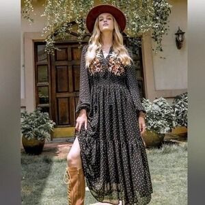 Rusttydustty Cottagecore Maxi Dress 2XL Black Embroidered Peasant Smocked Tiered